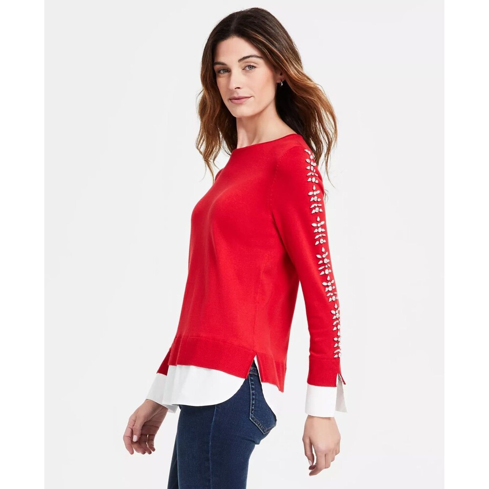 Jones New York Women's Embellished-Sleeve Shirttail Top Sweater Red White SizeXS